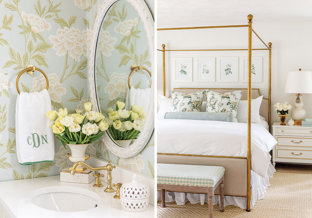 Left: Stylish floral wallpaper brings color to this bathroom vignette. Right: A simple white-and-cream base for this bedroom serves as a backdrop for beautiful gilt and botanical details.