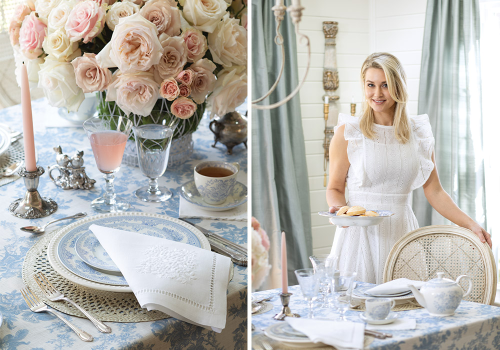 Right: Courtney Davey stands beside her table, set with blue-and-white china. Left: The designer inherited the Burleigh pattern and more from her grandmother.