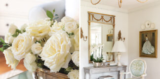 Left: A bouquet of white roses sits atop a coffee table. Right: French style inspired this sitting nook, which is one of Courtney Davey’s favorites.