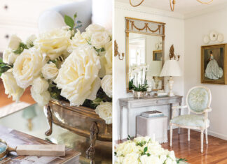 Left: A bouquet of white roses sits atop a coffee table. Right: French style inspired this sitting nook, which is one of Courtney Davey’s favorites.