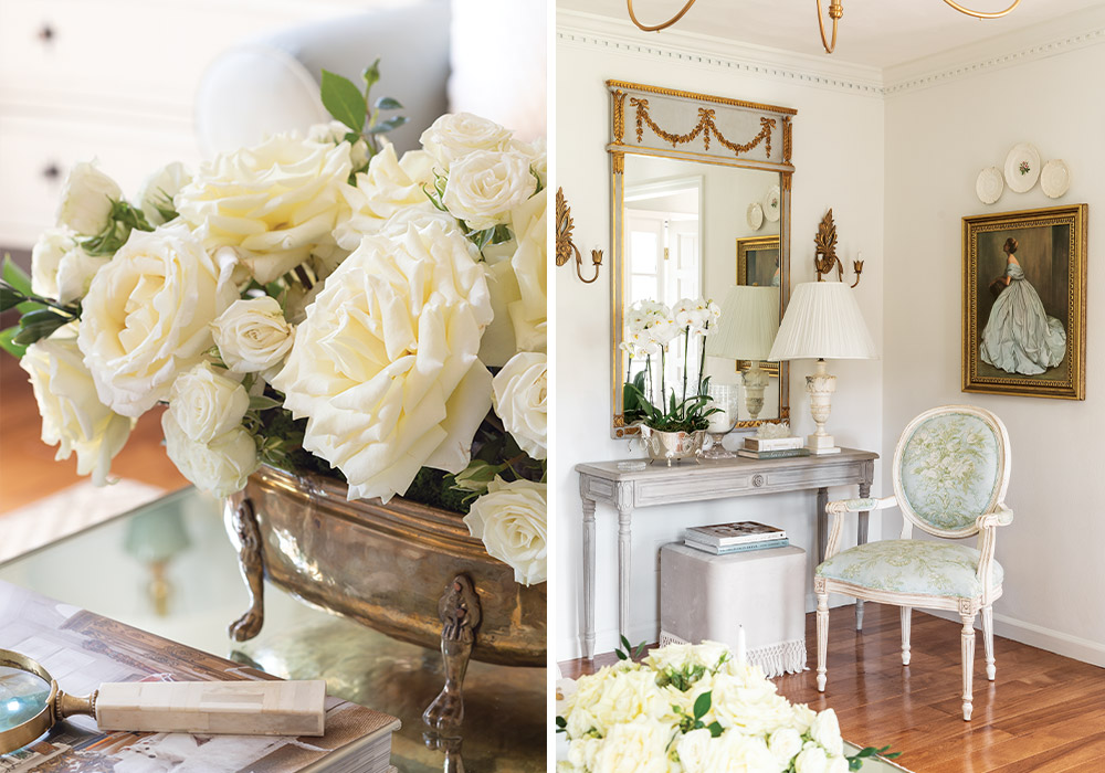 Left: A bouquet of white roses sits atop a coffee table. Right: French style inspired this sitting nook, which is one of Courtney Davey’s favorites.