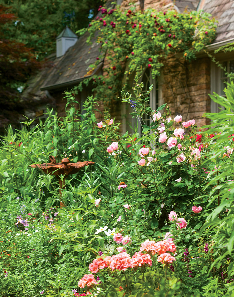 A cozy cottage hides behind an abundance of greenery and blossoms in springtime.