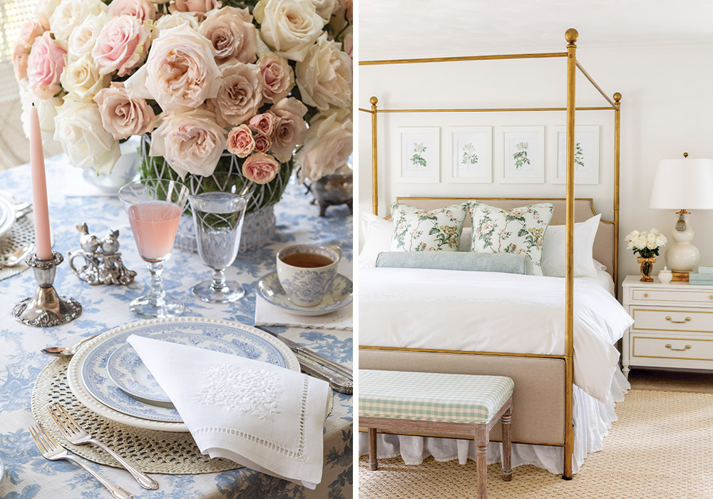 Left: Fine china and pale roses dress Courtney Davey’s table. Right: Floral elegance adorns this bedroom from her popular design blog, Tuft & Trim.
