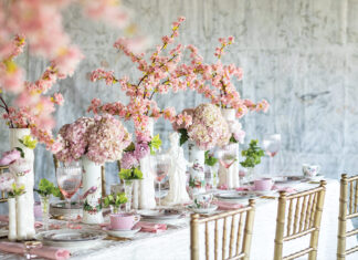 Victoria test kitchen chef Izzie Turner, who developed the recipes featured in “Among the Cherry Blossoms,” recommends these top ten pantry staples for forays into Asian cooking. Tall vases filled with clusters of cherry blossoms, hydrangeas, and peonies add springtime beauty to a table set for a feast of Japanese fare.