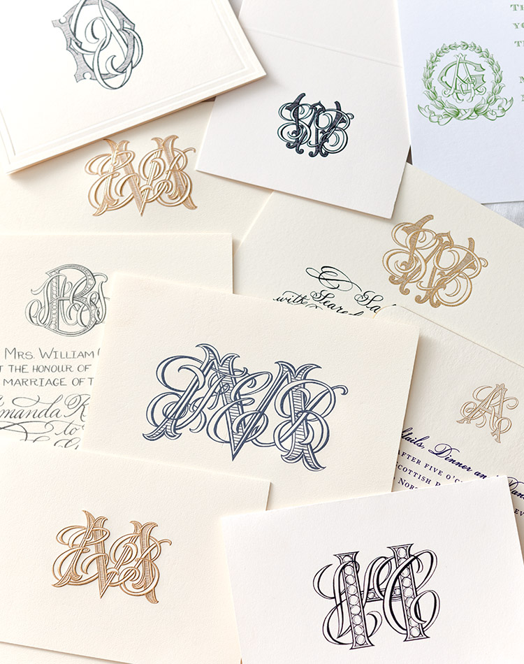Ivory cards embossed with bespoke monograms reflect the unique personalities of the senders.