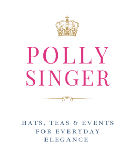 Polly Singer spring giveaway announcement, logo featuring text for hats, teas, and events.