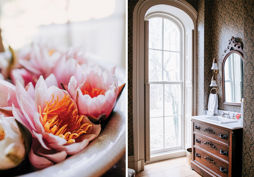 Left: A sprinkling of pink flowers offer spring beauty. Right: Antique furnishings and arched windows add charm to the interior rooms for rent at Mayhurst Estate.