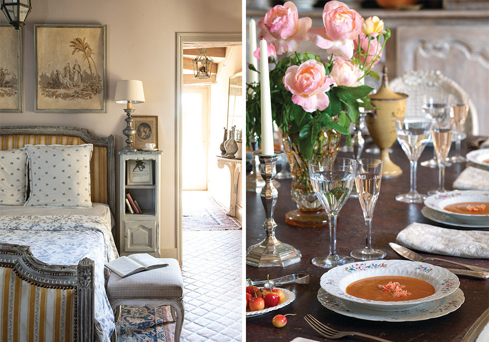 Left: Touches of pale blue and warm yellow adorn this French bedroom brimming with antiques. Right: The dining room table is dressed in Queen Elizabeth roses from the garden.