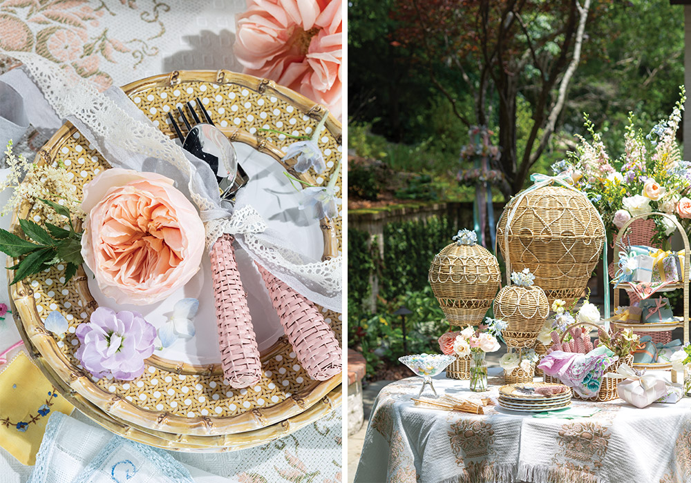 Left: A cane pattern plate serves as a backdrop for pink wicker utensils and a blushing rose. Right: The table is set for a May Day celebration, complete with flowers, ribbons, and woven hot-air-balloon shaped decorations.