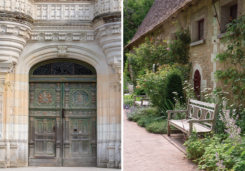 A carved entrance of Château de Chenonceau bears an inscription honoring Francis I, who reigned during its construction. Right: A garden bench offers the perfect place to restfully contemplate the property’s beauty.