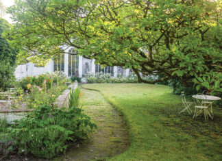 Pastoral greenery graces the property upon which this quaint abode rests.