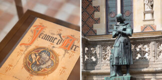 Museum page of Joan of Arc book on the left gridded with a statue of Joan of Arc