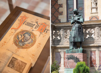 Museum page of Joan of Arc book on the left gridded with a statue of Joan of Arc