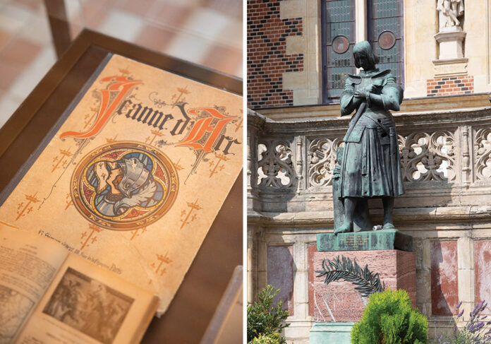 Museum page of Joan of Arc book on the left gridded with a statue of Joan of Arc