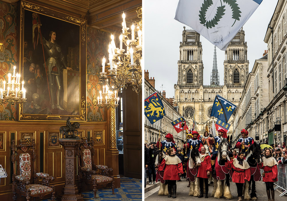 Portrait of Joan of Arc with banner in hotel on the left gridded with group of men on horseback with banners at Joan of Arc festival in Orléans.