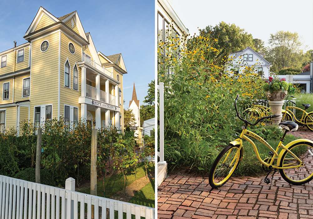 Left: The yellow exterior of the Hope and Glory Inn stands tall above the garden. Right: Yellow bicycles sit atop the cobbled brick sidewalk, awaiting the day’s excursions.