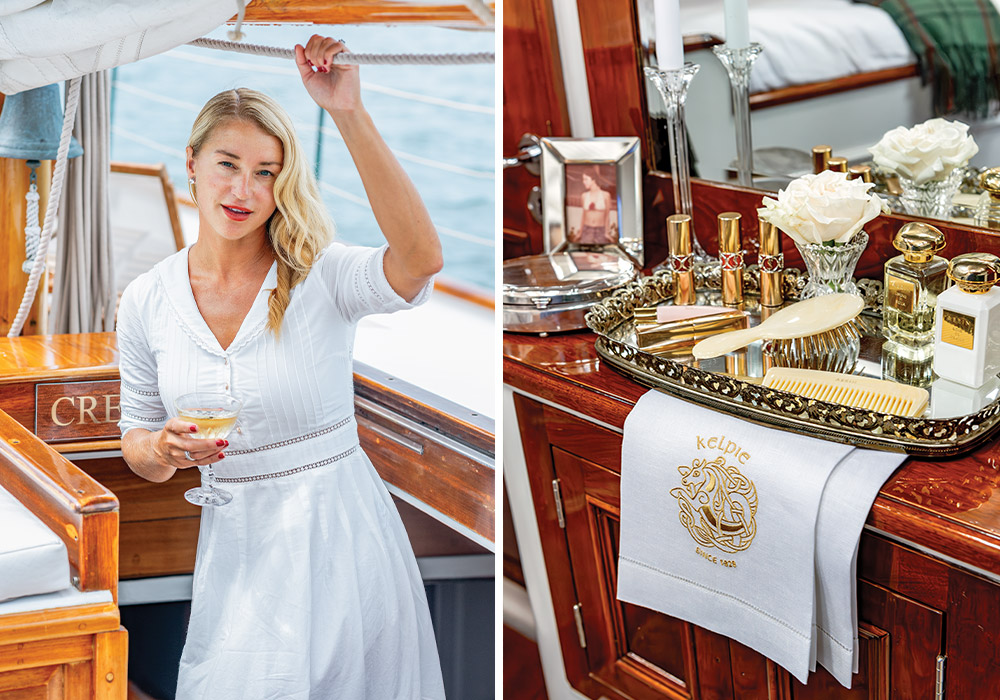 Left: Captain Shannon Carleton emerges from below deck with a glass in hand. Right: Personal care effects with an unmistakably luxurious air about them rest atop a tray anchored by a gold-and-white embroidered hand towel bearing the yacht’s name, Kelpie.