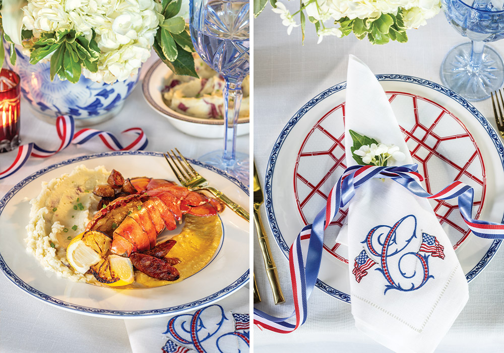 Left: The highlight of this Independence Day meal is Broiled Lobster Tail, served atop a blue-and-white plate. Right: The table setting evokes patriotism, with embroidered linens with American flags and ribbons in red, white, and blue.