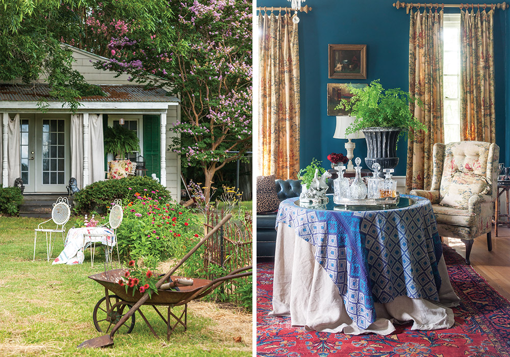 Carolyn Westbrook has built a brand—and a home—around the subtle blending of vintage French style with relaxed Southern comfort, evidenced by welcoming botanical exteriors and royal blue drapery and décor interiors.