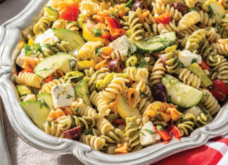Multicolor rotini echoes the rainbow of hues in Zesty Pasta Salad, boasting summer squash, red bell pepper, cucumber, and kalamata olives.