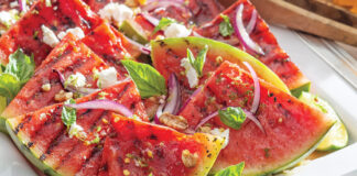  An ideal appetizer for our summer fête, Grilled Watermelon with Goat Cheese and Lime captures the essence of the season. Citrus sugar sweetens the fresh-cut melon slices, which begin to caramelize over the flame of the grill. A sprinkling of herbs and goat cheese readies each slice for the party.