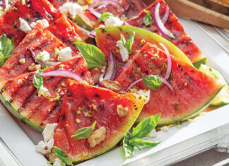  An ideal appetizer for our summer fête, Grilled Watermelon with Goat Cheese and Lime captures the essence of the season. Citrus sugar sweetens the fresh-cut melon slices, which begin to caramelize over the flame of the grill. A sprinkling of herbs and goat cheese readies each slice for the party.