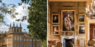 Left: Blenheim Palace's honey-hued exterior sits beneath a blue sky. Right: A sitting room wall is adorned with five grand portraits.