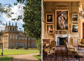 Left: Blenheim Palace's honey-hued exterior sits beneath a blue sky. Right: A sitting room wall is adorned with five grand portraits.