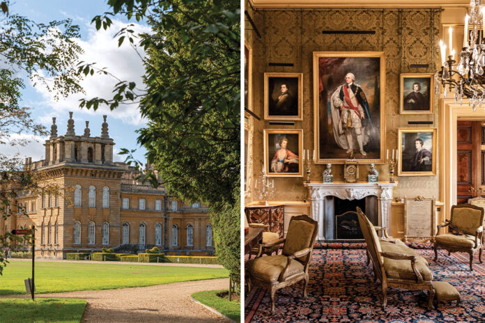 Left: Blenheim Palace's honey-hued exterior sits beneath a blue sky. Right: A sitting room wall is adorned with five grand portraits.