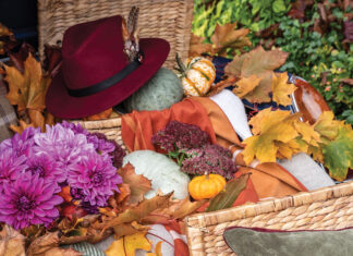 Natural trunks spill with pumpkins, mums, and fall leaves in this collection of autumn’s bounty nestled in the trunk of a classic car.