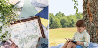 Left: A map of the hundred-acre wood sits beside a classic book. Right: A young boy like Christopher Robin sits reading leaned against a tree.