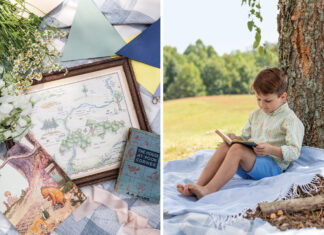 Left: A map of the hundred-acre wood sits beside a classic book. Right: A young boy like Christopher Robin sits reading leaned against a tree.