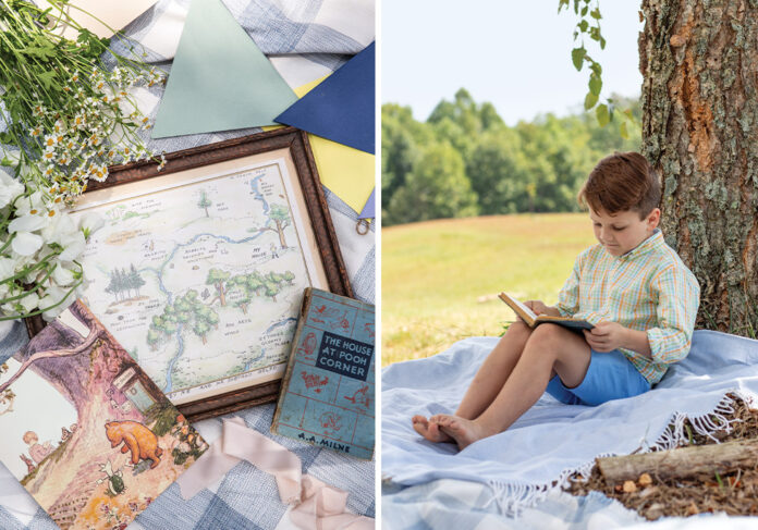 Left: A map of the hundred-acre wood sits beside a classic book. Right: A young boy like Christopher Robin sits reading leaned against a tree.