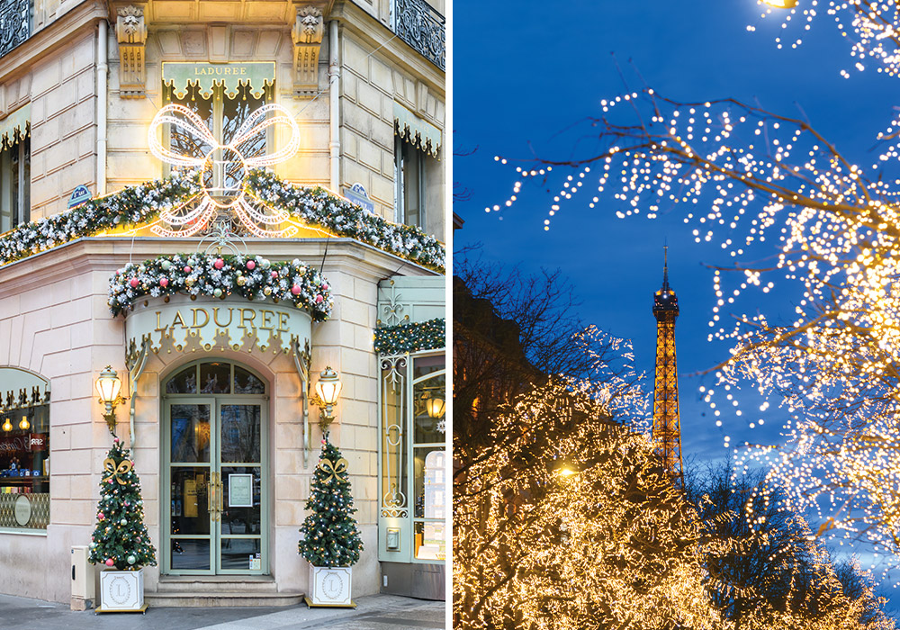 Left: Evergreen and ornaments frost the exterior of French shops like icing on a gingerbread house. Right: At dusk, a view of the illuminated Eiffel Tower peeks through branches aglow with twinkling lights