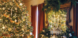 A gold-trimmed Christmas tree, velvet drapes, and a gilded overmantel mirror washed in fresh greenery all greet the holiday season in this historic home.