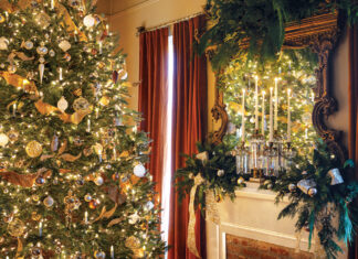 A gold-trimmed Christmas tree, velvet drapes, and a gilded overmantel mirror washed in fresh greenery all greet the holiday season in this historic home.