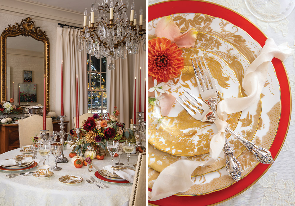 Left: The dining room is set with glowing taper candles and a blooming centerpiece to welcome guests for a Thanksgiving meal. Golden porcelain and vibrant autumn flowers mingle atop the table. 