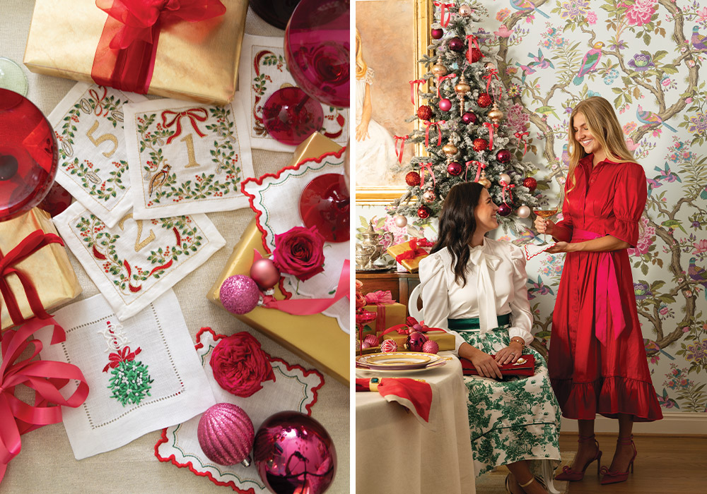 Left: Embroidered linens, sparkling ornaments, wrapped gifts, and roses mingle atop the table for a stunning holiday display. Right: Friends share a drink to celebrate Christmas, dressed in their best red and green.