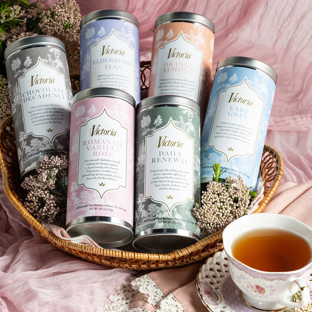 Victoria tea cannisters in a basket.