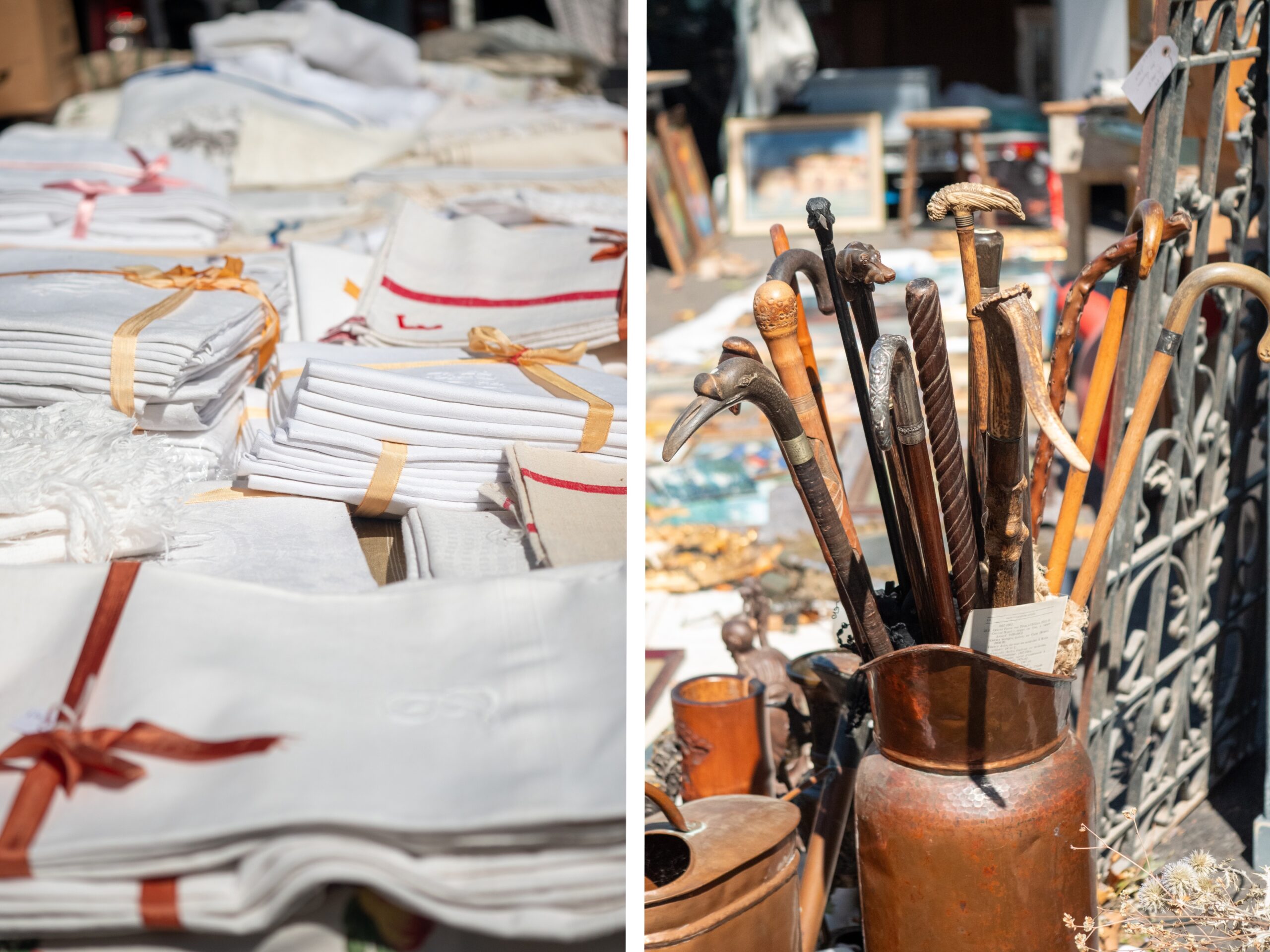 Linens and antique walking sticks.