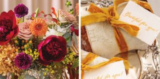 A grid image of fall flowers and treats for Thanksgiving wrapped in napkins and tied with velvet ribbons alongside notes that say, "Grateful for you!"