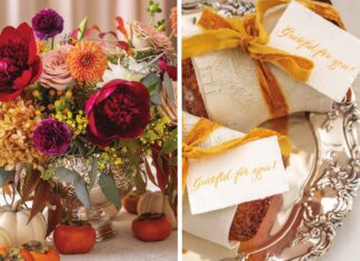 A grid image of fall flowers and treats for Thanksgiving wrapped in napkins and tied with velvet ribbons alongside notes that say, "Grateful for you!"
