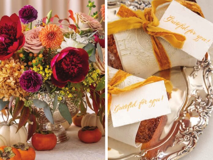 A grid image of fall flowers and treats for Thanksgiving wrapped in napkins and tied with velvet ribbons alongside notes that say, 