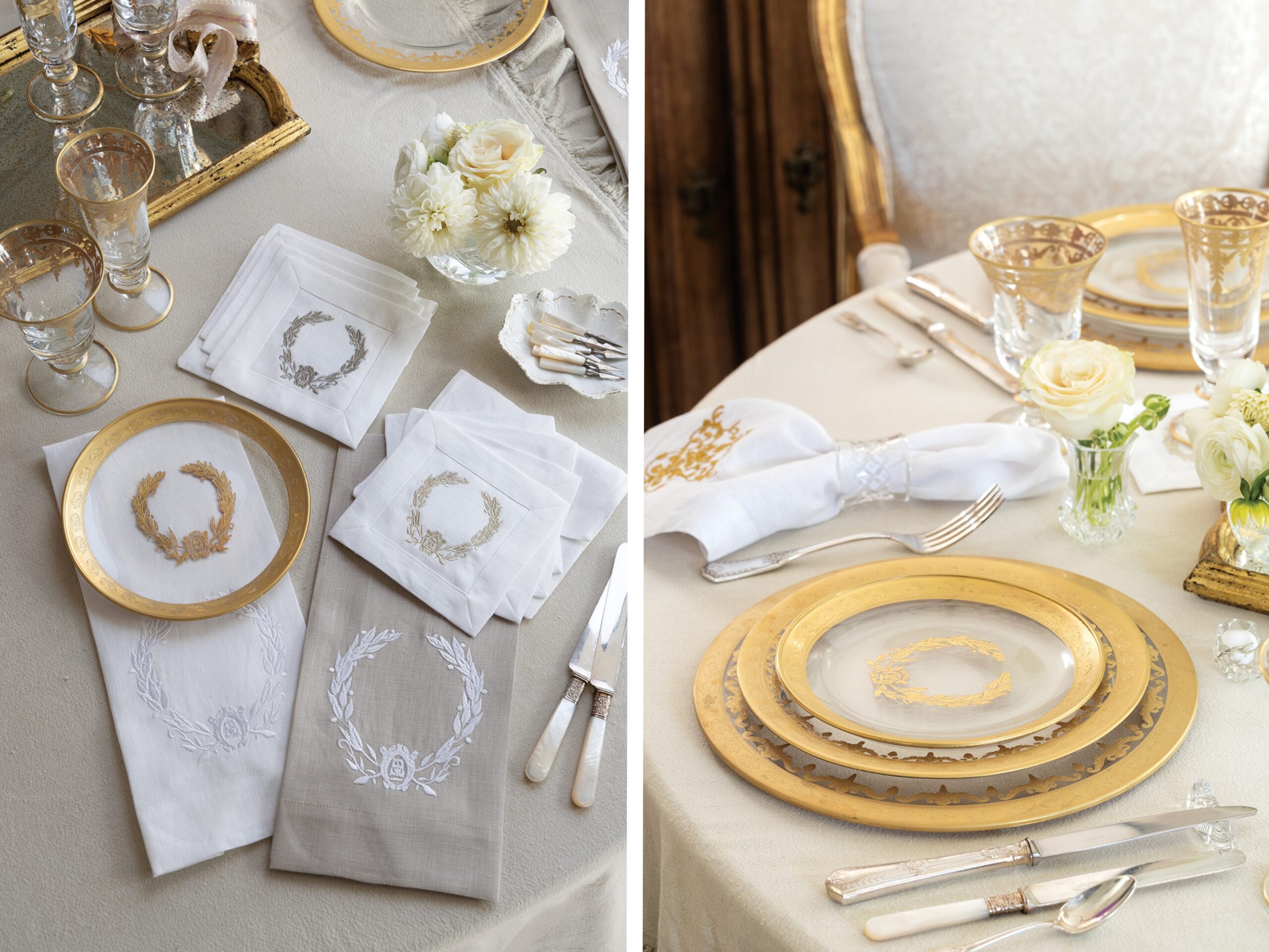 A grid image of Victoria x Arte Italica dishware, cocktail napkins, and hand towels.