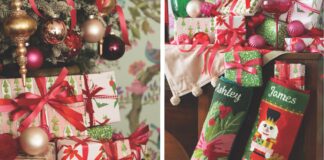 A grid made from an image of christmas gifts and an image of stockings.