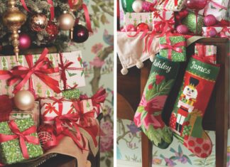 A grid made from an image of christmas gifts and an image of stockings.