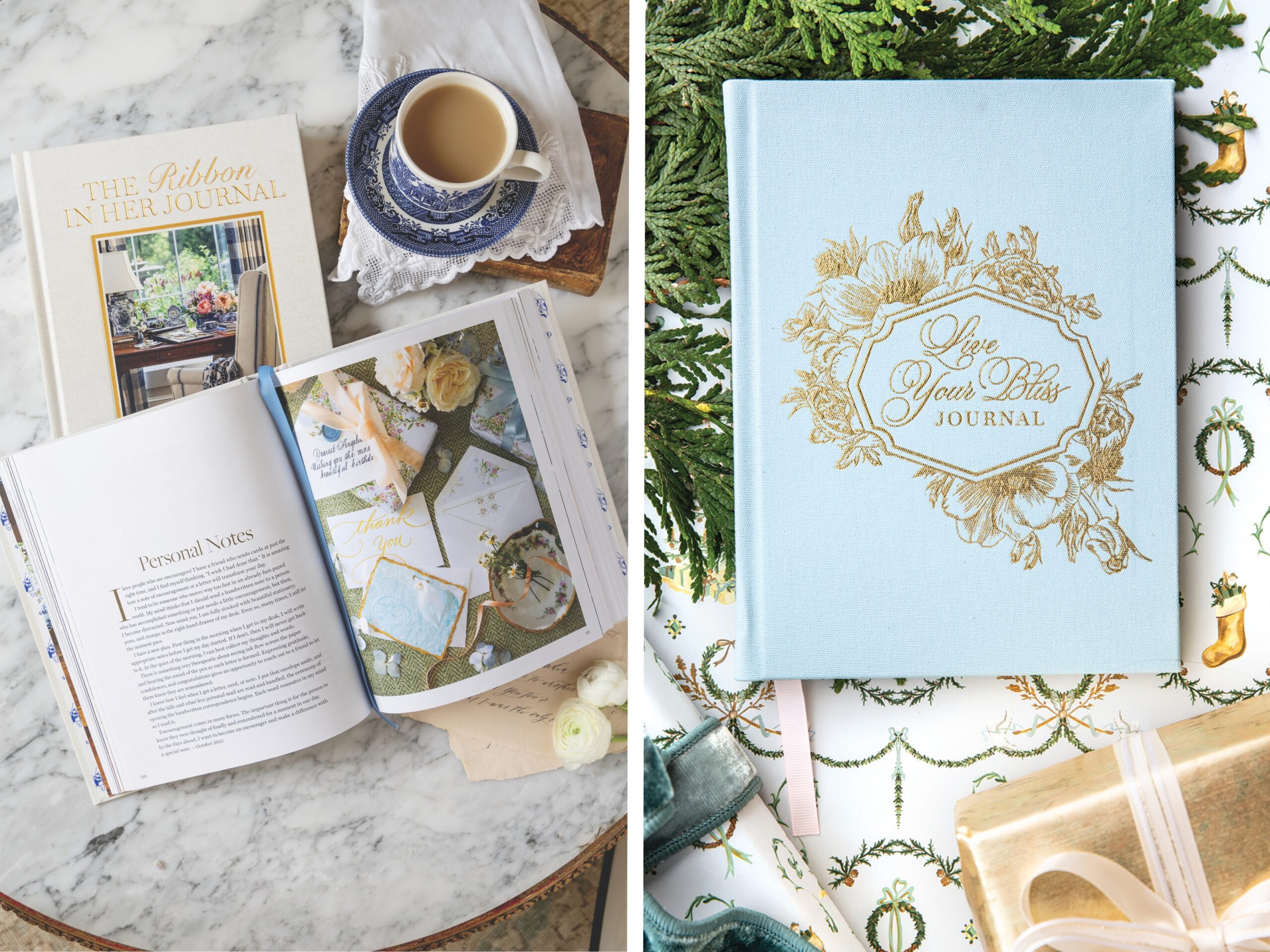A grid image of The Ribbon In Her Journal book and the Live Your Bliss journal.