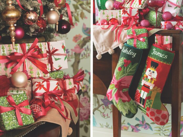 A grid made from an image of christmas gifts and an image of stockings.