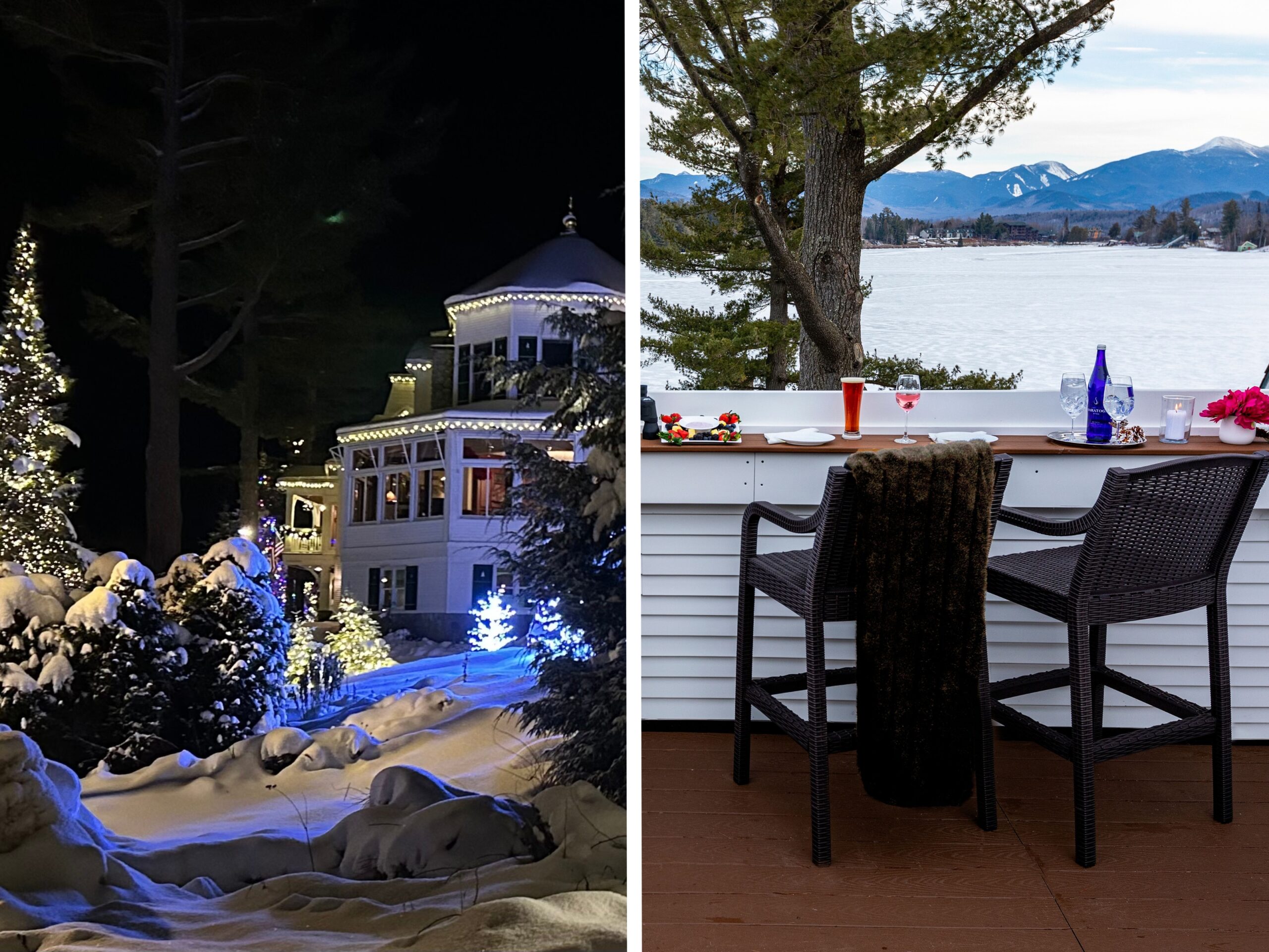 Left: Exterior of Mirror Lake Inn at nighttime in winter with snow covering the grounds and string lights. Right: Two dining chairs seated by the outdoor dining area at Mirror Lake Inn overlooking the frozen grounds.
