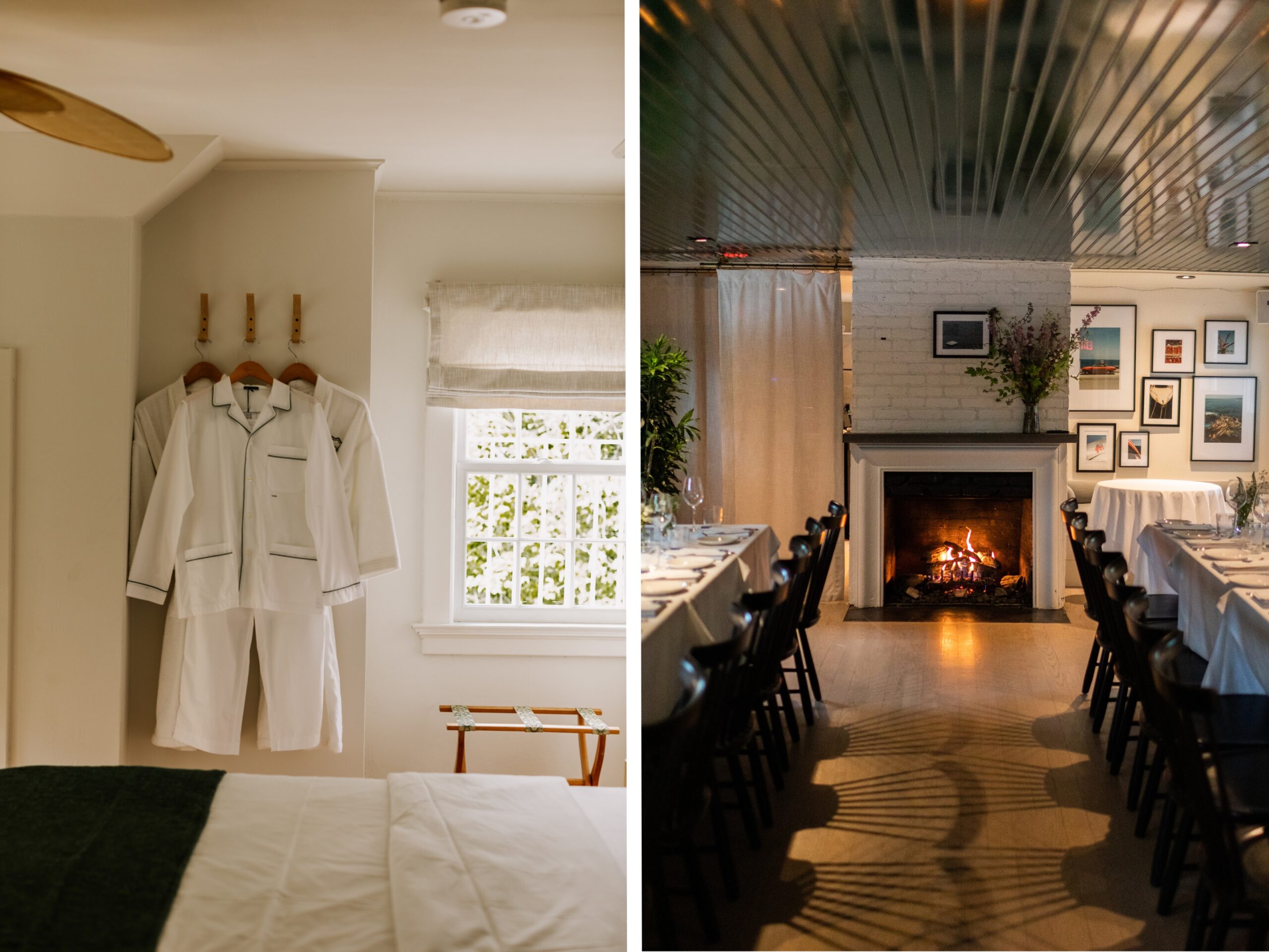 Left: Guest suite at The Maidstone with the hotel’s signature pajamas hanging nest to a window. Right: Dining room at The Maidstone with a fire in the room’s fireplace.]
